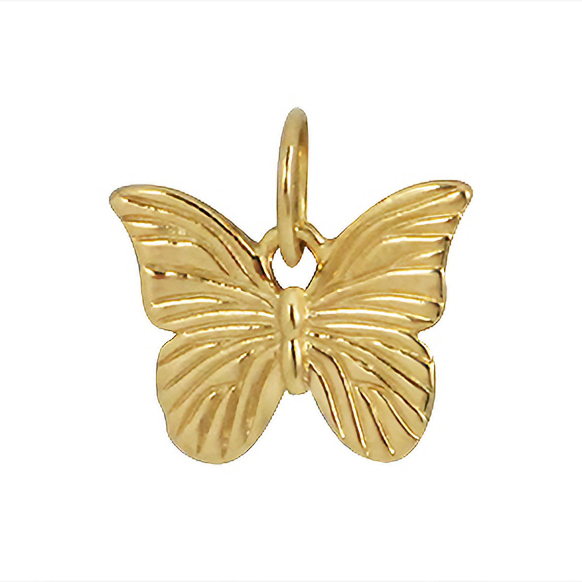 Gold butterfly charm pendant with loop bail and polished ridged wing details