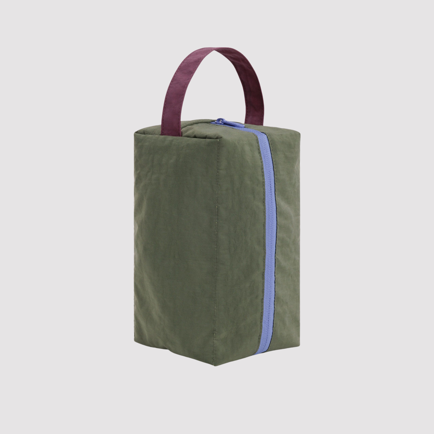 Olive dopp kit with purple handles and blue zipper trim, structured square shape