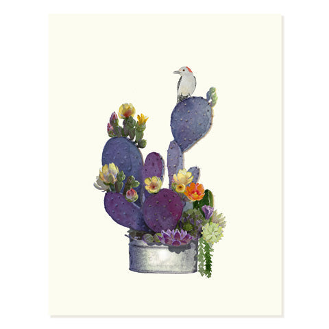 Just-because greeting card with blooming cactus illustration in a metal pot