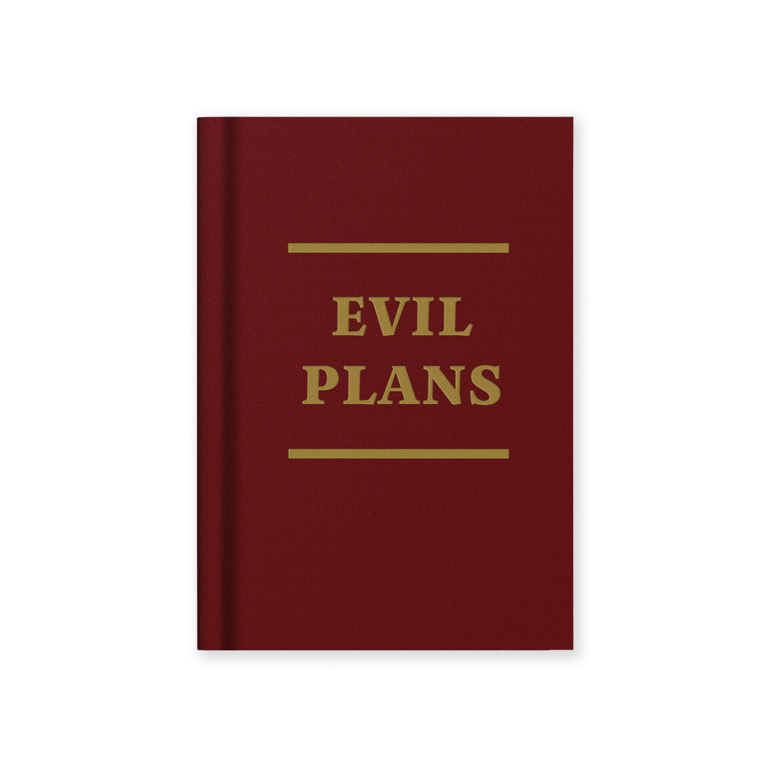 Hardback fabric notebook with maroon cover and gold EVIL PLANS lettering