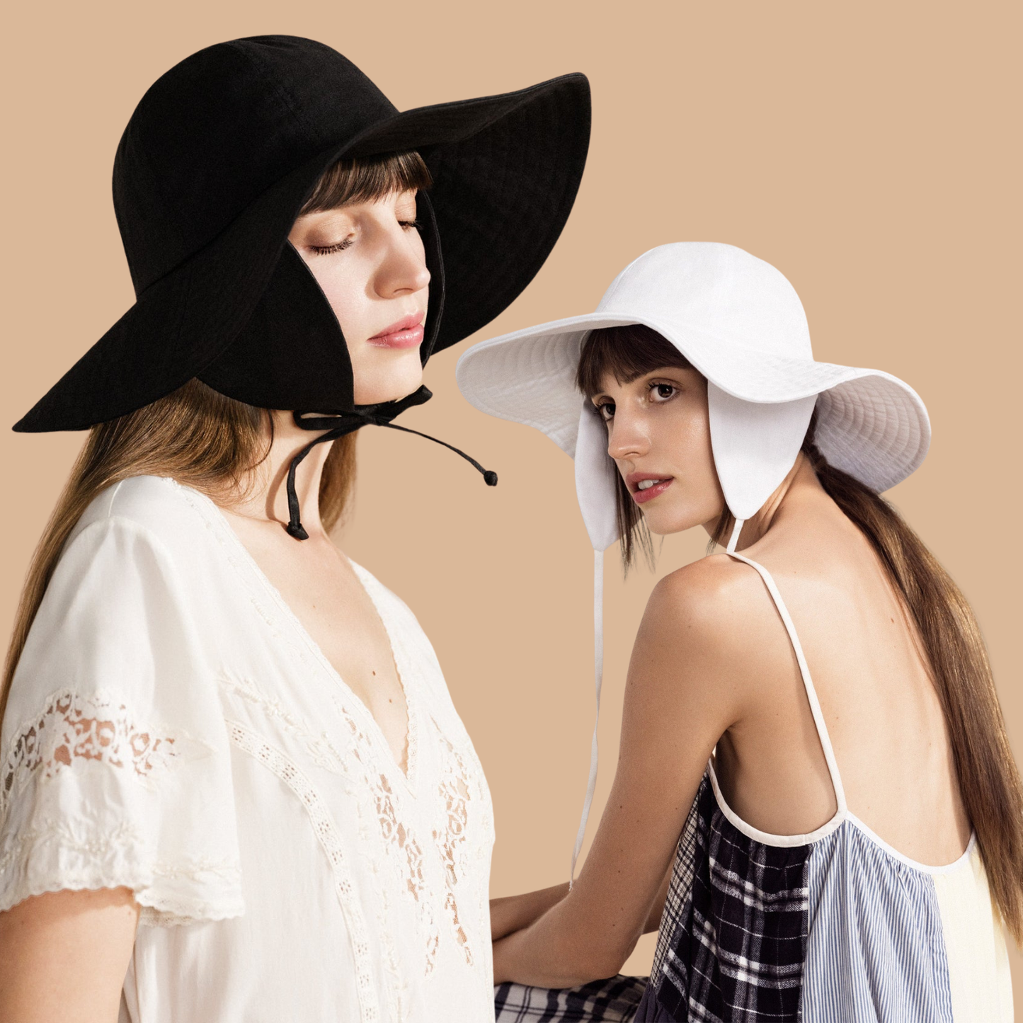 Noona sun hat, wide floppy brim, black and white with chin ties