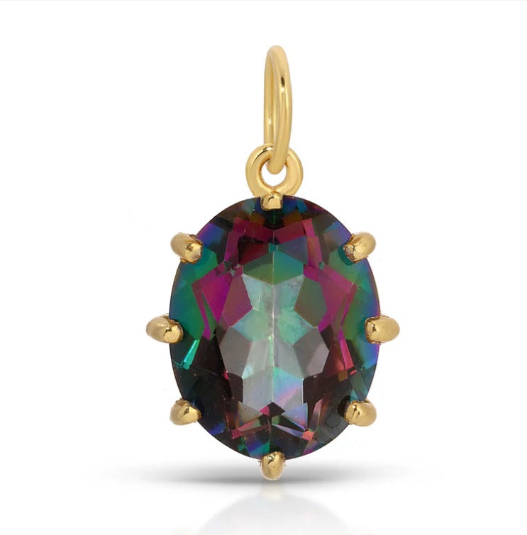 Gold bail charm with faceted oval rainbow gemstone and side prongs