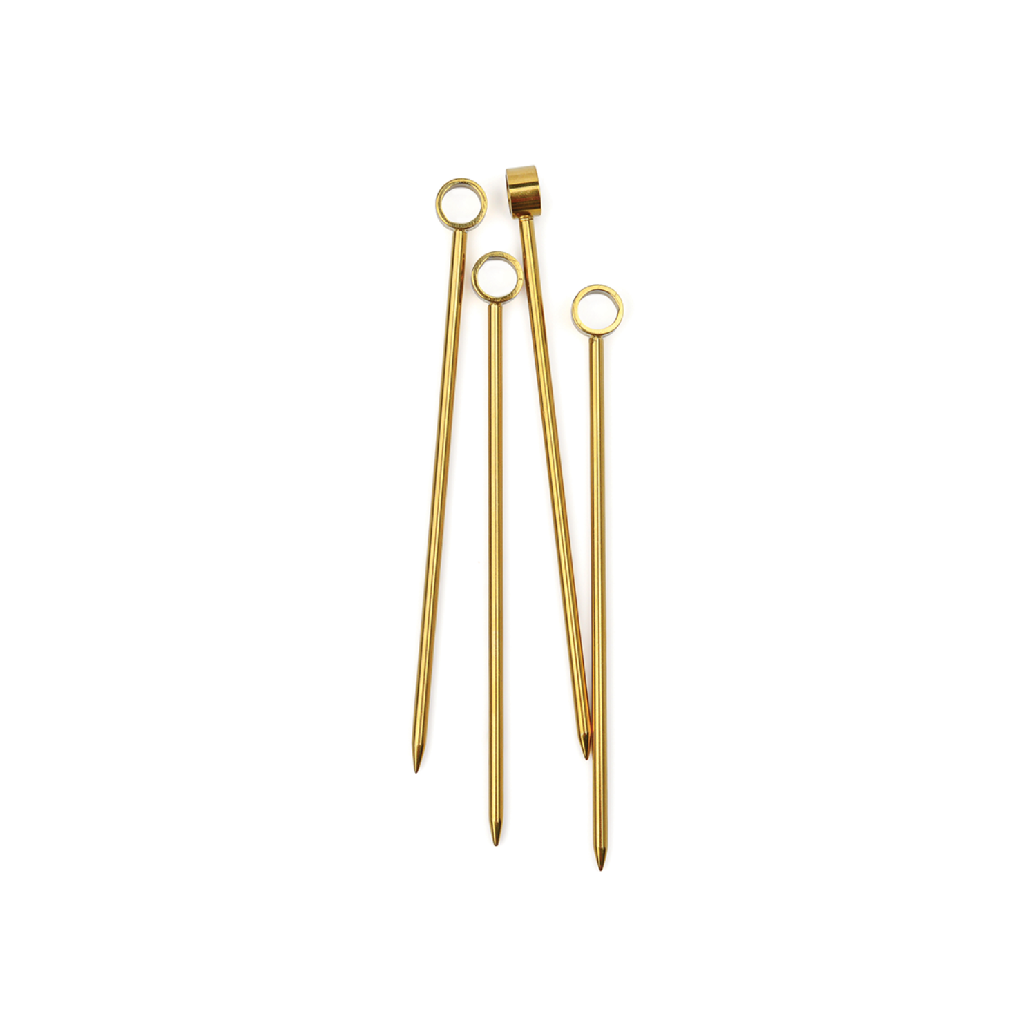 Set of 4 gold cocktail picks with circular loops on slender stems