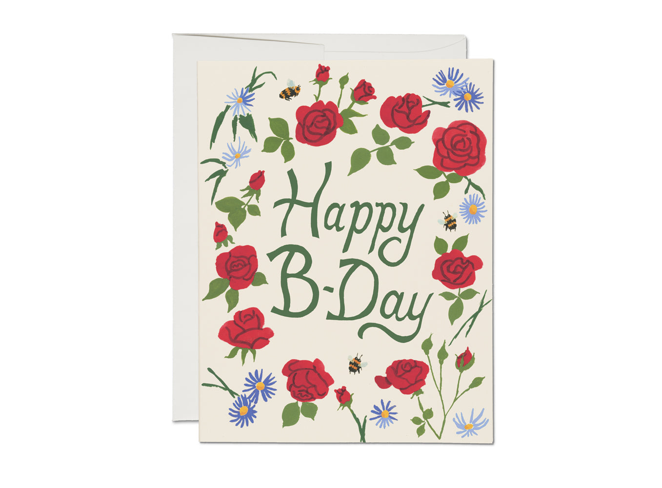 Birthday card with red roses, blue flowers, and 'Happy B'Day' text