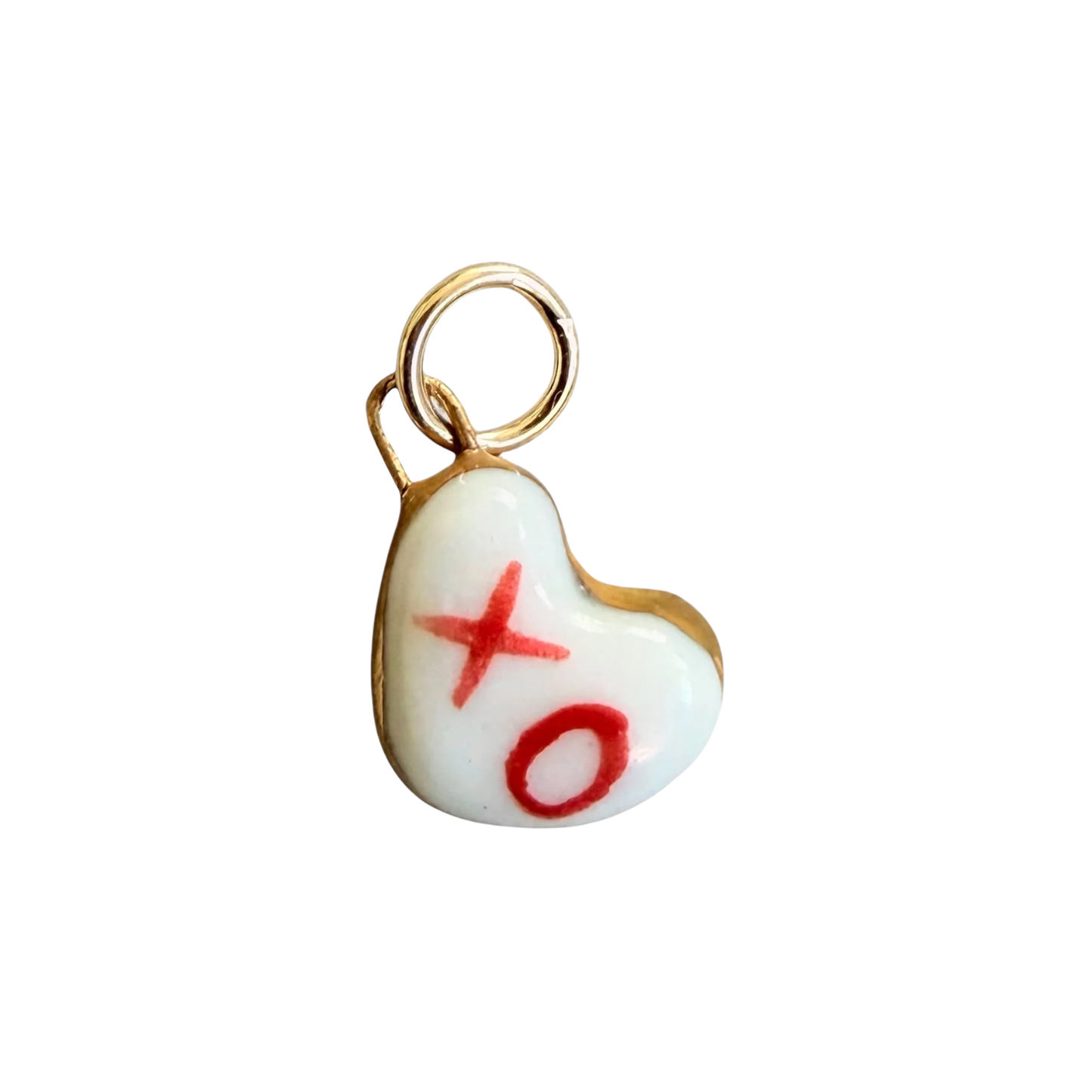 Porcelain XO heart charm with gold ring and red XO lettering