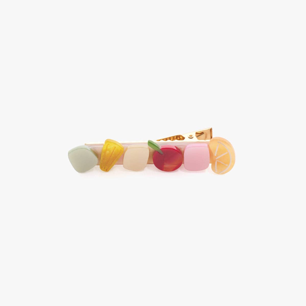 Fruit-themed alligator hair clip, gold tone clasp with mint, yellow, red, and pink pieces