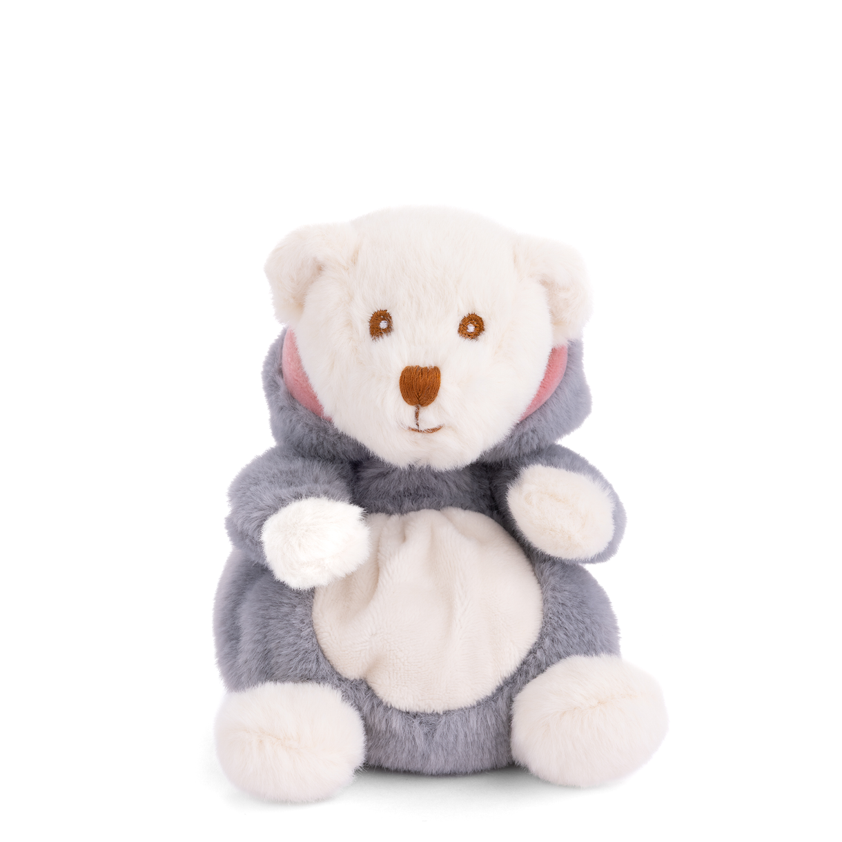 White-faced grey shark plush with pointed hood and pink inner lining, seated pose