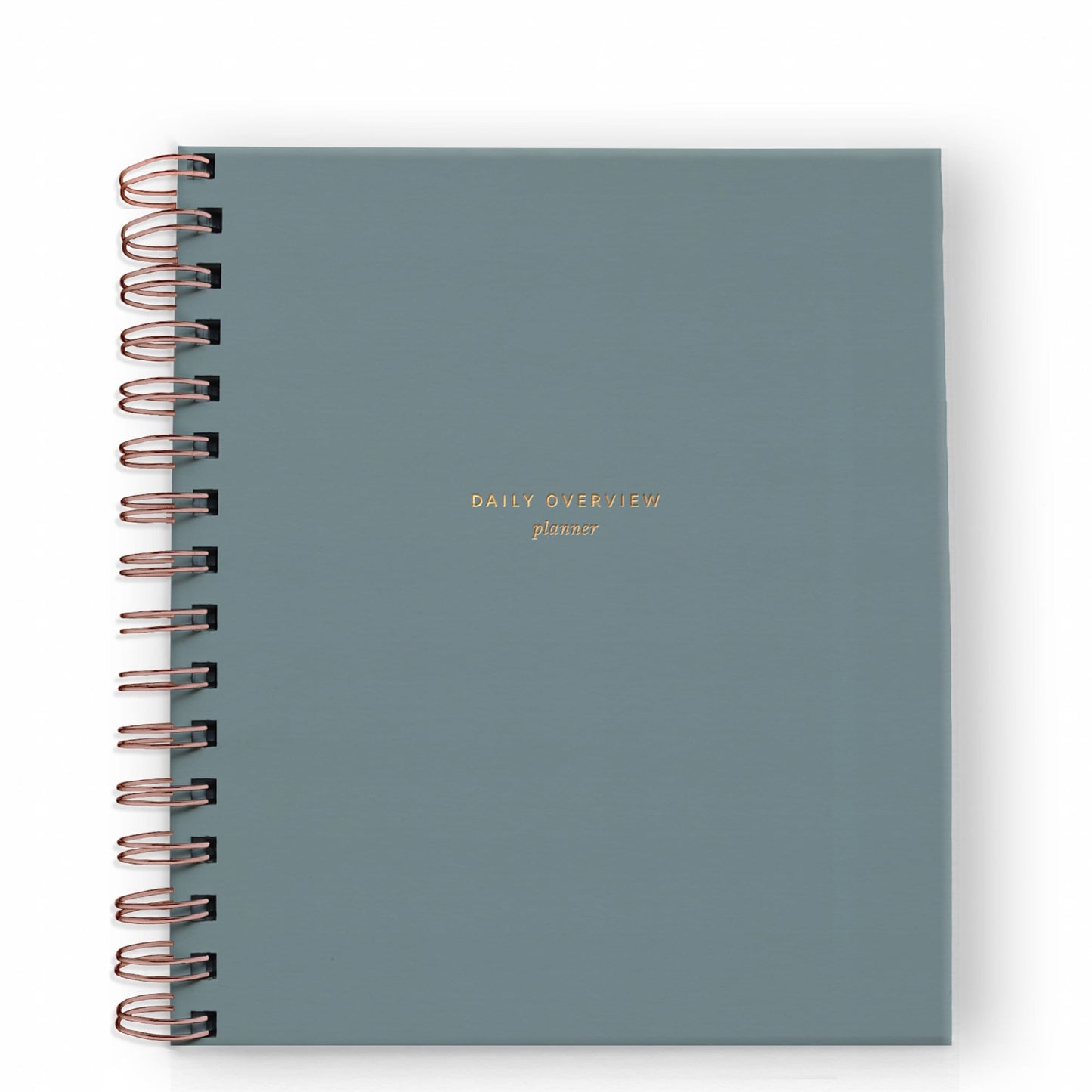 Steel blue spiral-bound daily overview planner with black coil rings