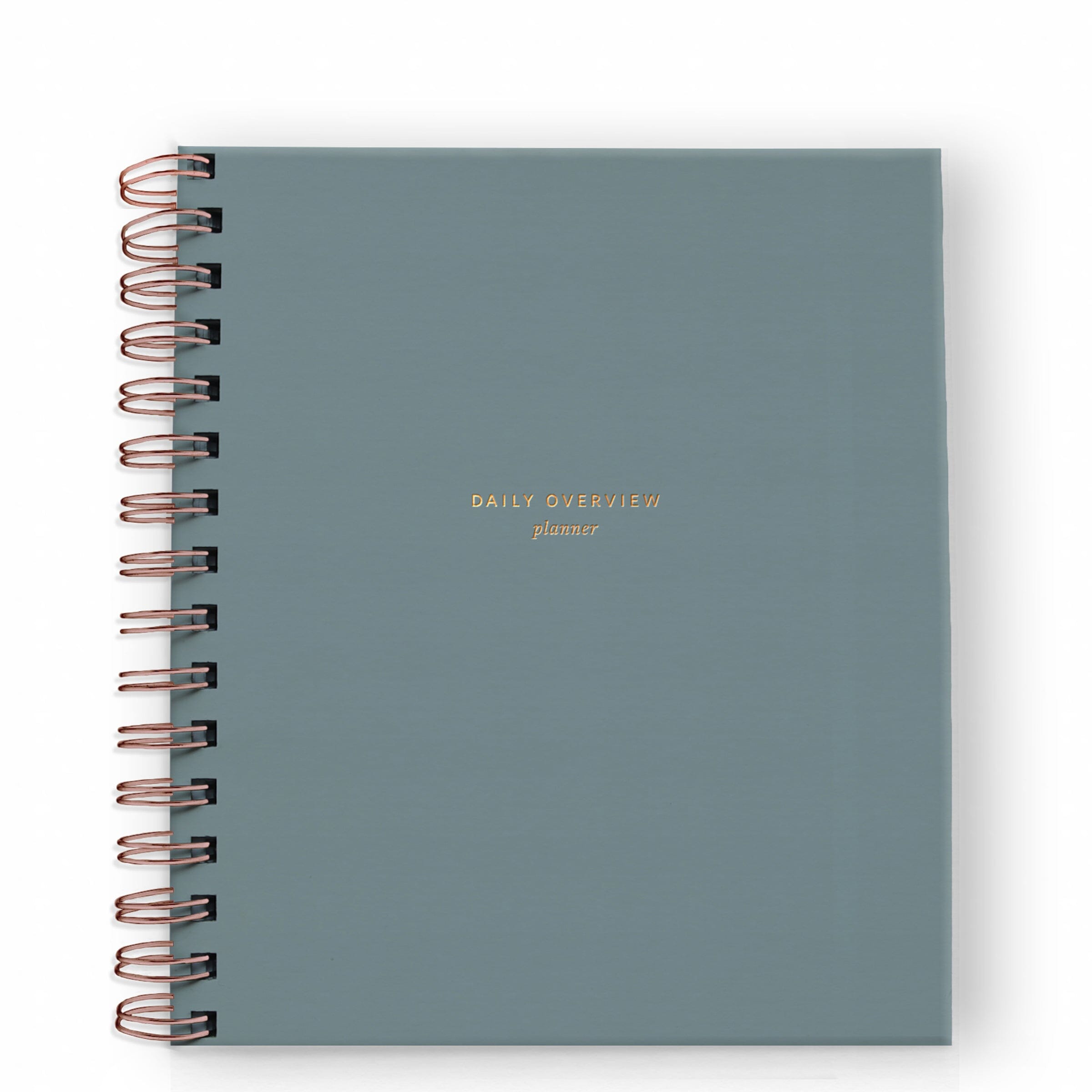 Steel blue spiral-bound daily overview planner with black coil rings