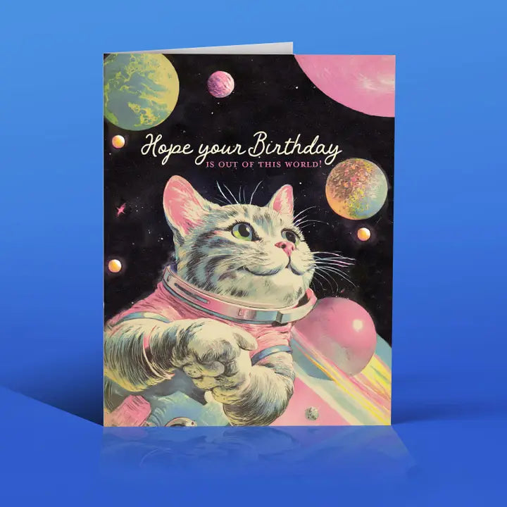 Cat birthday card with illustrated cat, planets, and 'Hope your Birthday' text