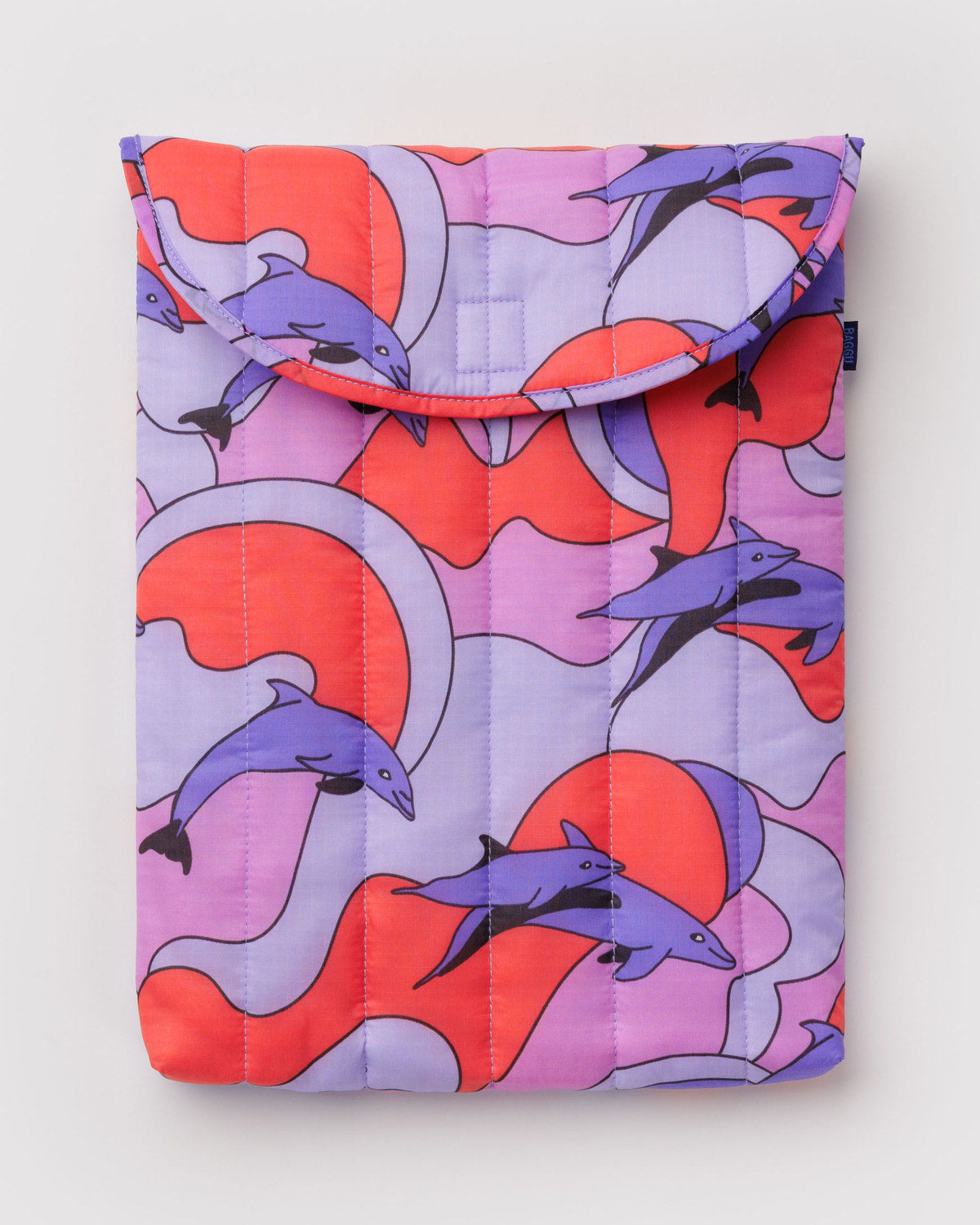 16-inch puffy laptop sleeve with dolphin print in purple and red, top flap