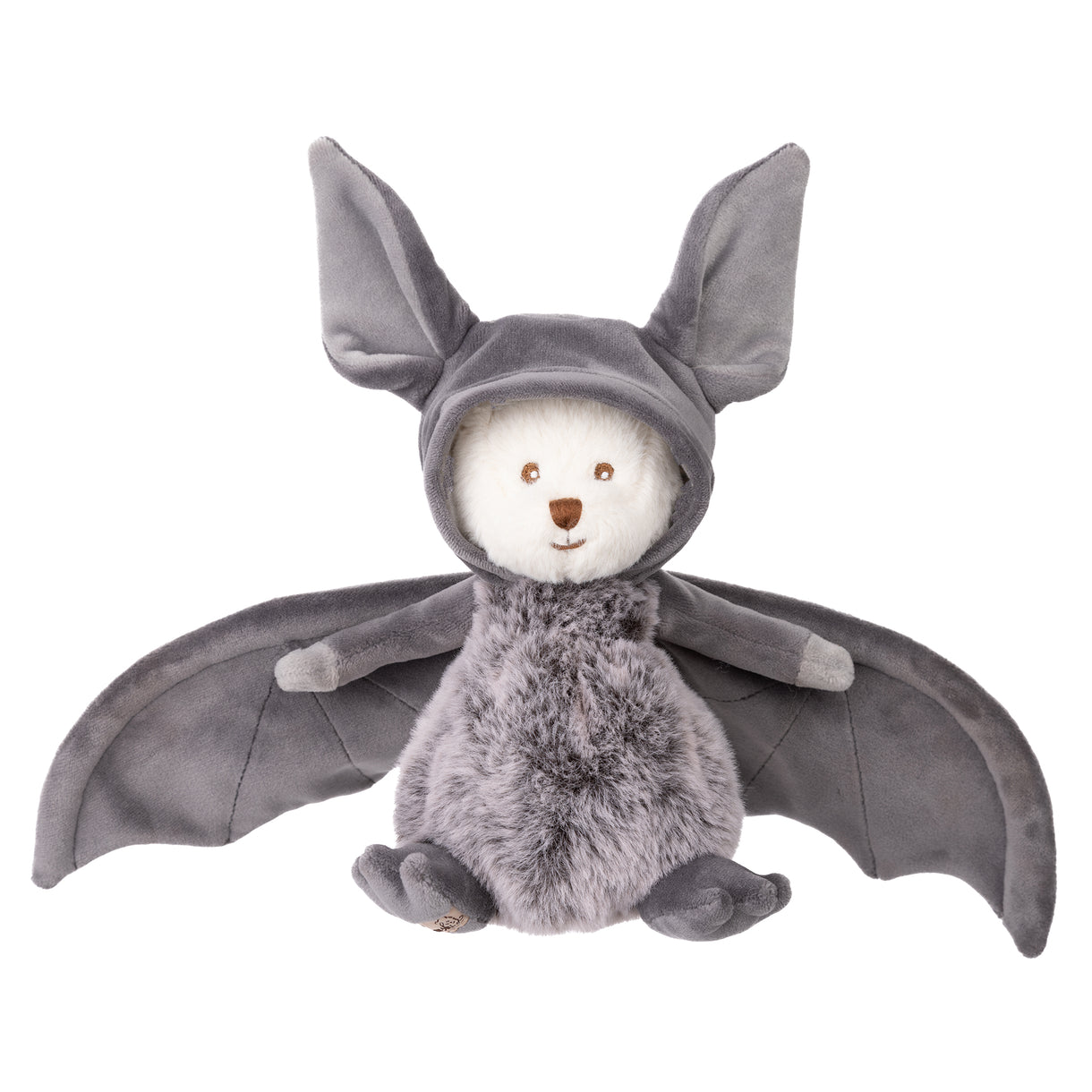 Gray plush bat stuffed animal with furry wings and a hooded head