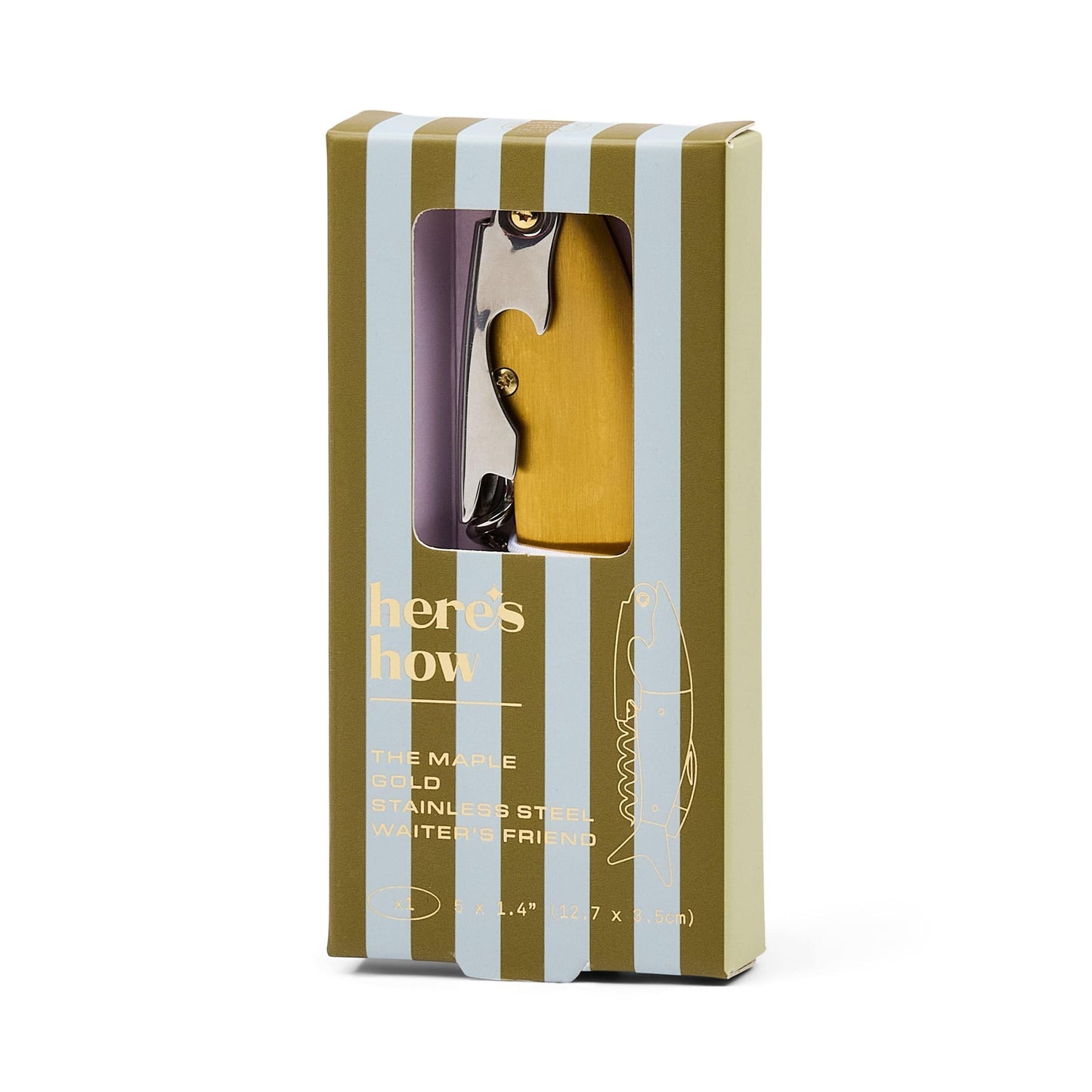Maple wine bottle opener in retail box, visible chrome corkscrew and maple-shaped opener
