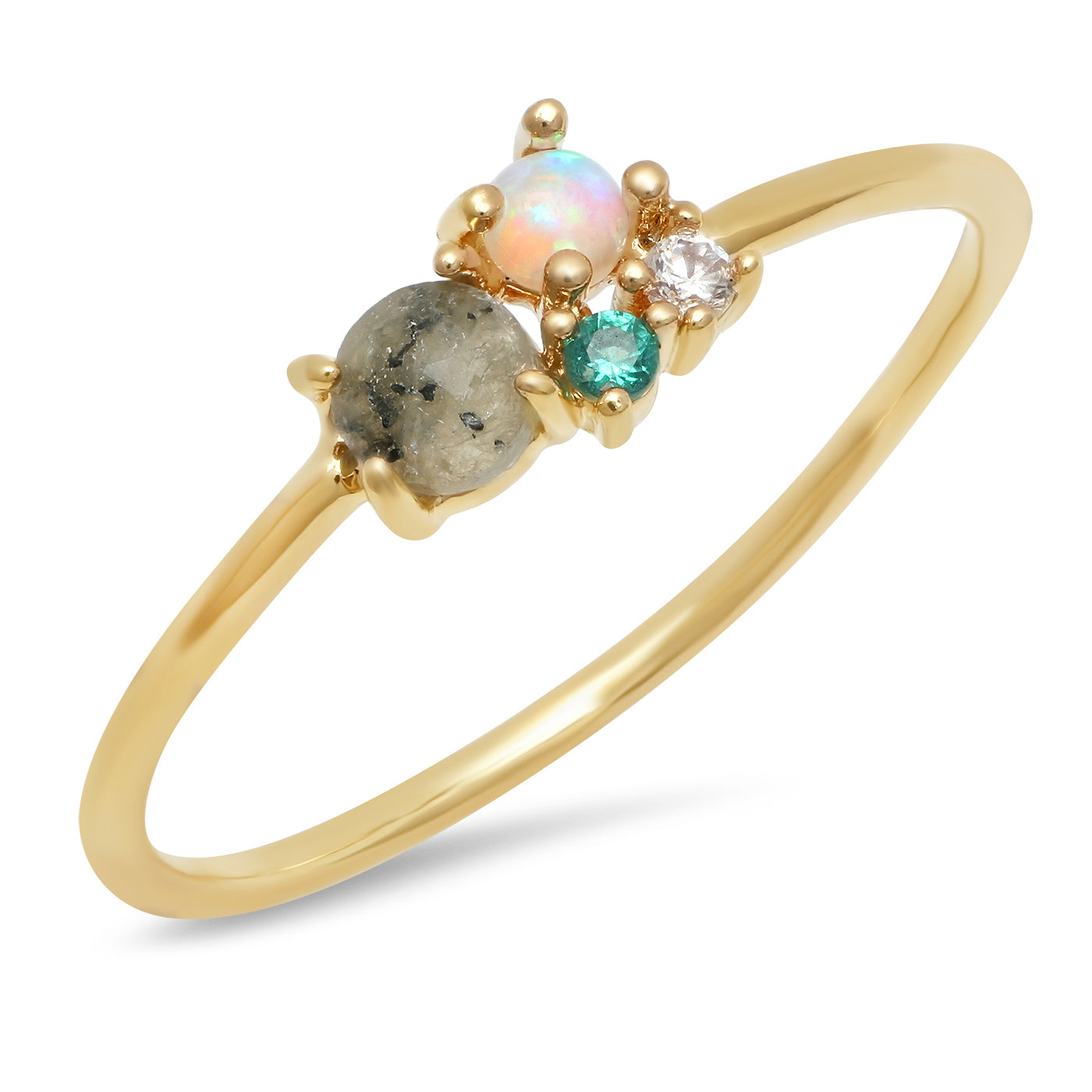 Gold-tone cluster ring with gray labradorite, iridescent opal, and blue-green accents
