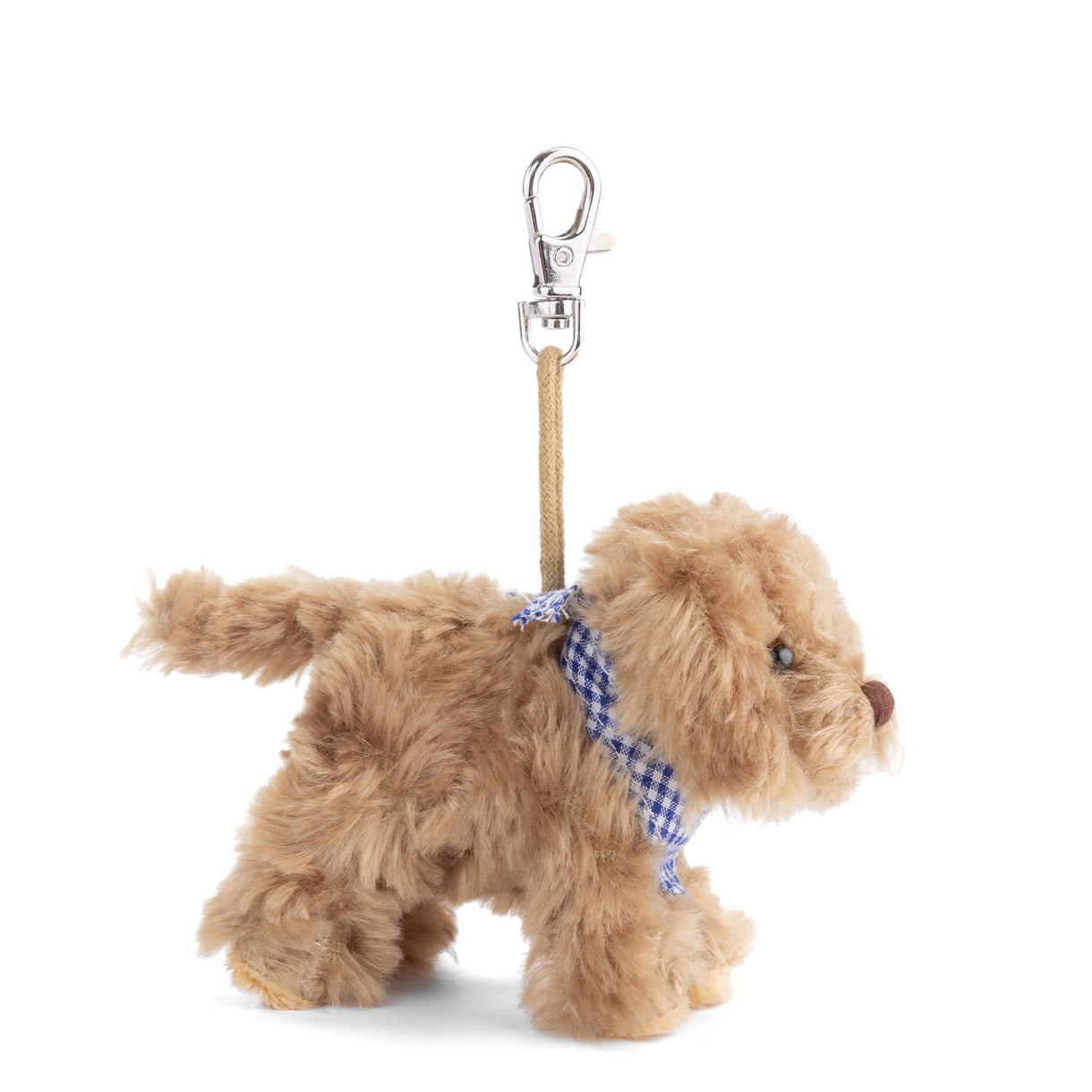Kharma & Buddylina bag charm, tan plush dog standing with blue checkered bandana and clasp