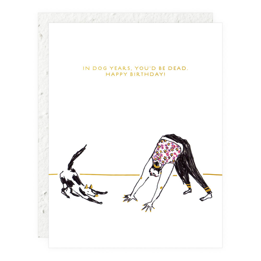 Dog years birthday card with black dog illustration and text: "Happy Birthday".