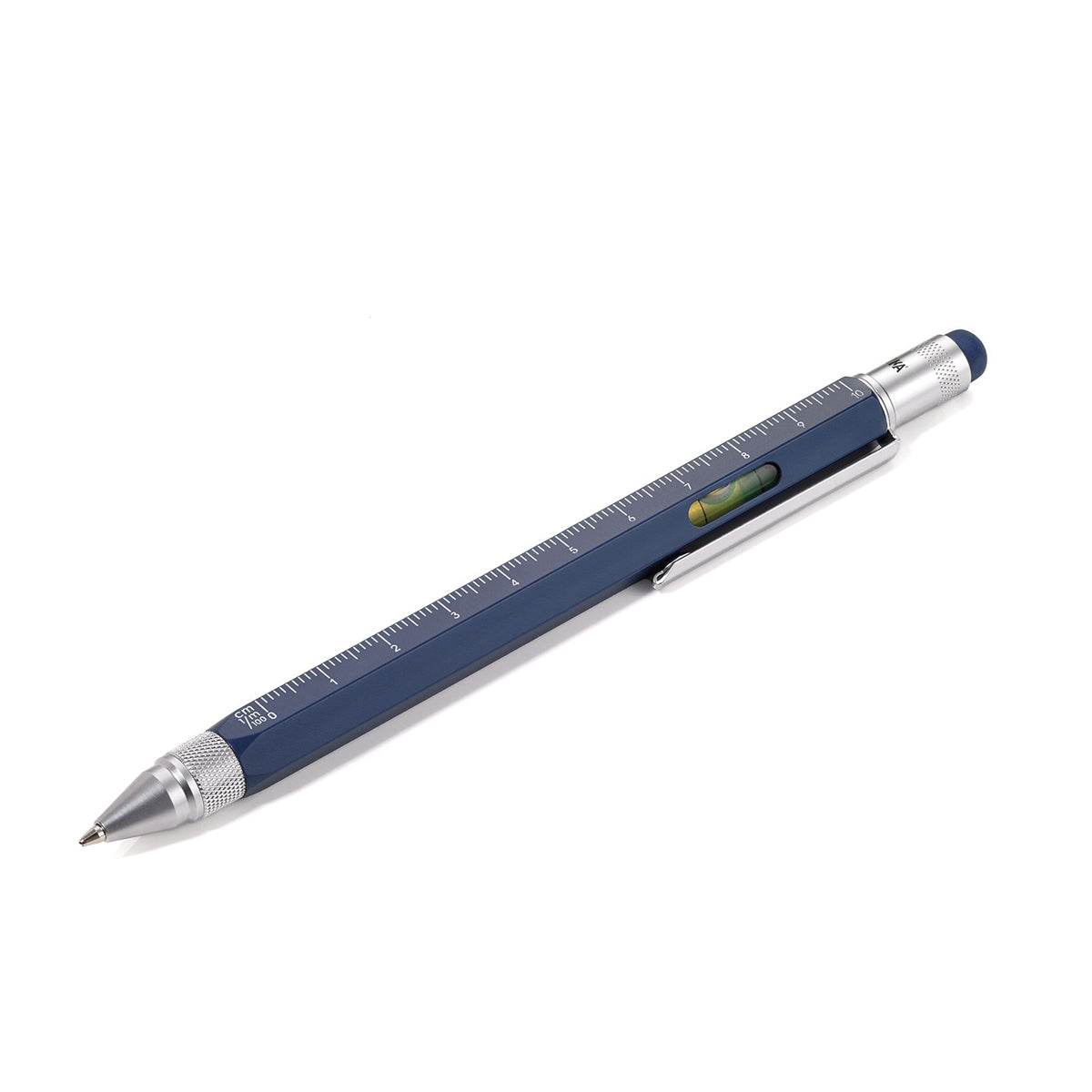 Blue ballpoint measuring pen with ruler markings and built-in bubble level window