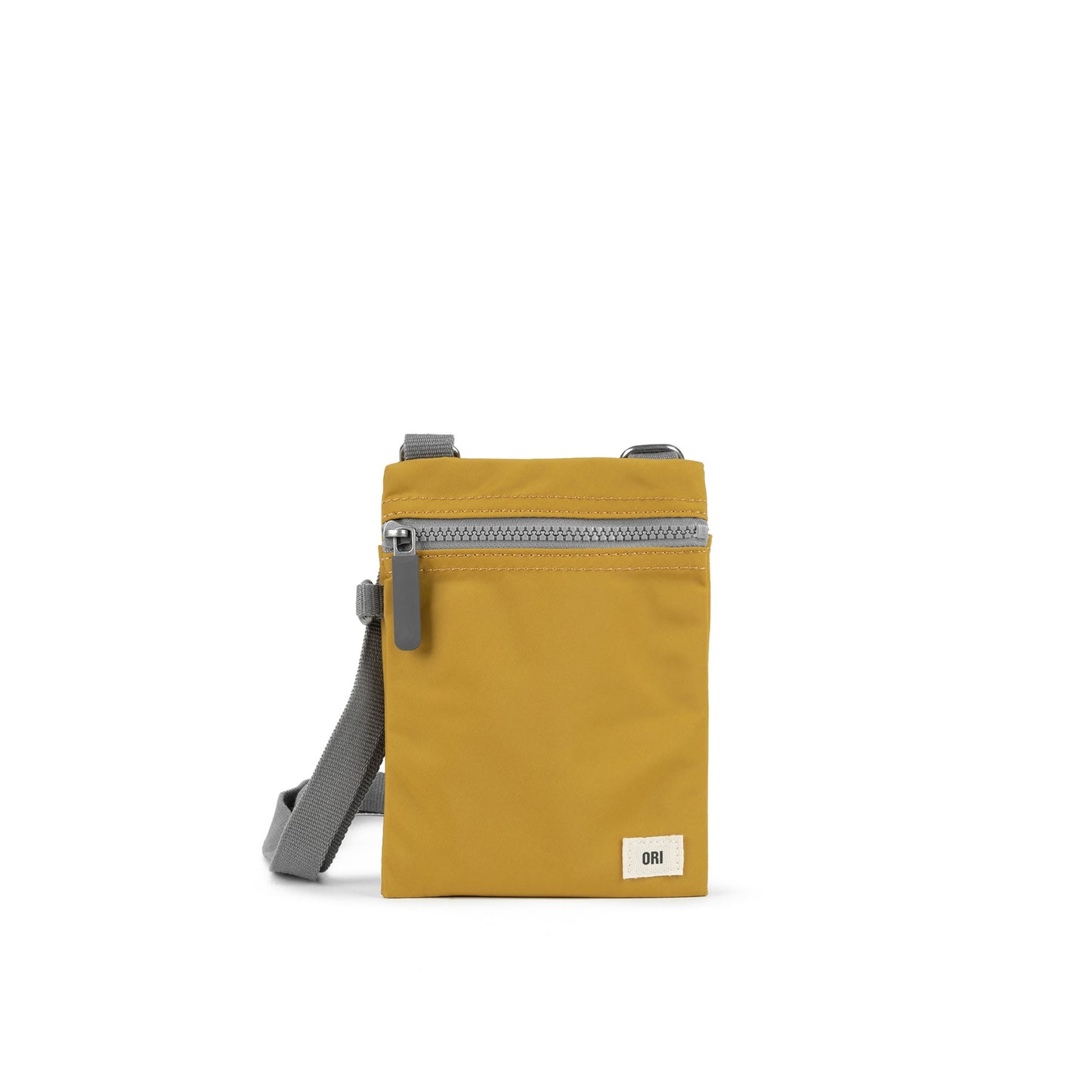 Yellow recycled nylon pocket crossbody bag with zip top and gray adjustable strap