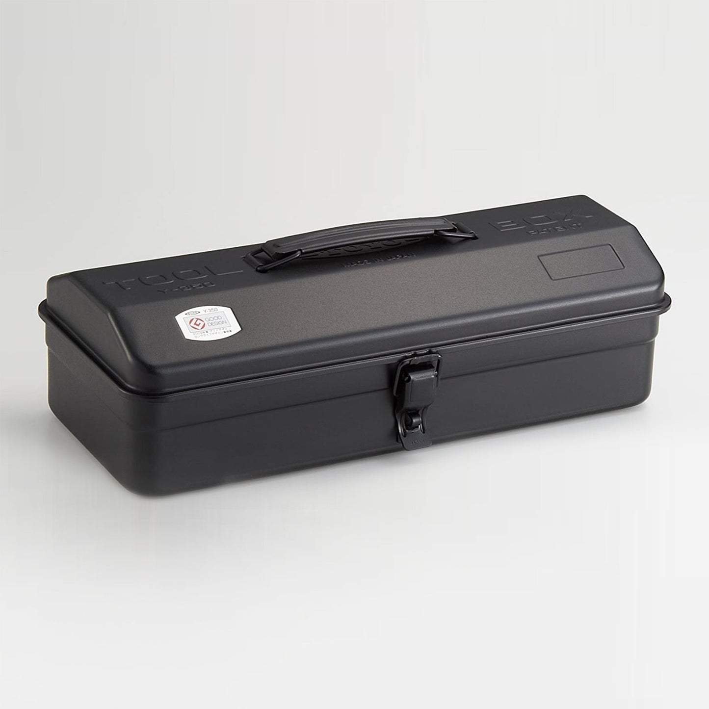Black steel toolbox with top handle and camber lid, front metal latch closure