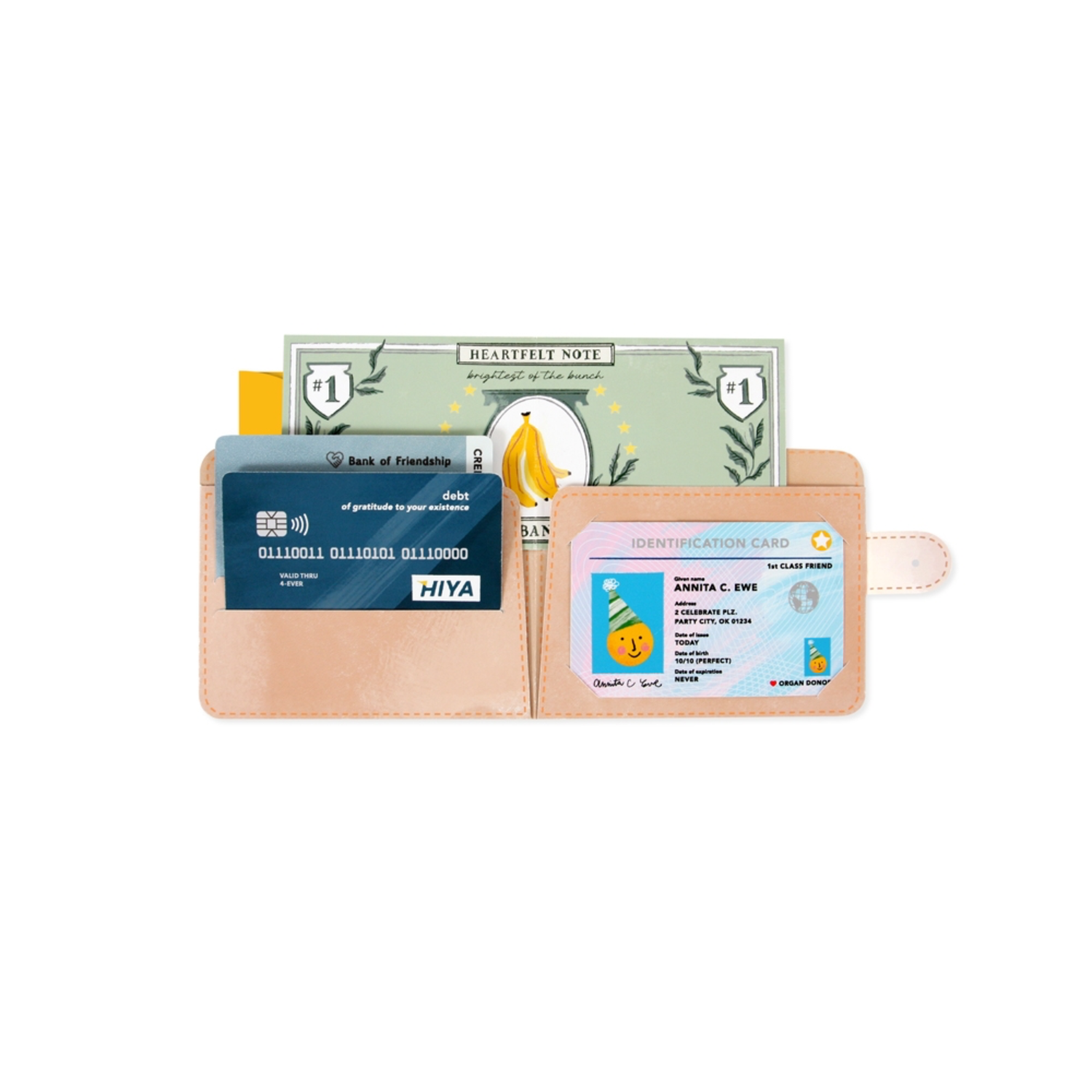 Wallet pop-up greeting card with teal pocket holder and ID cards on display