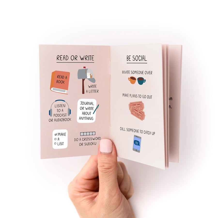 Open zine spread with 'READ OR WRITE' and 'BE SOCIAL' activity prompts and icons