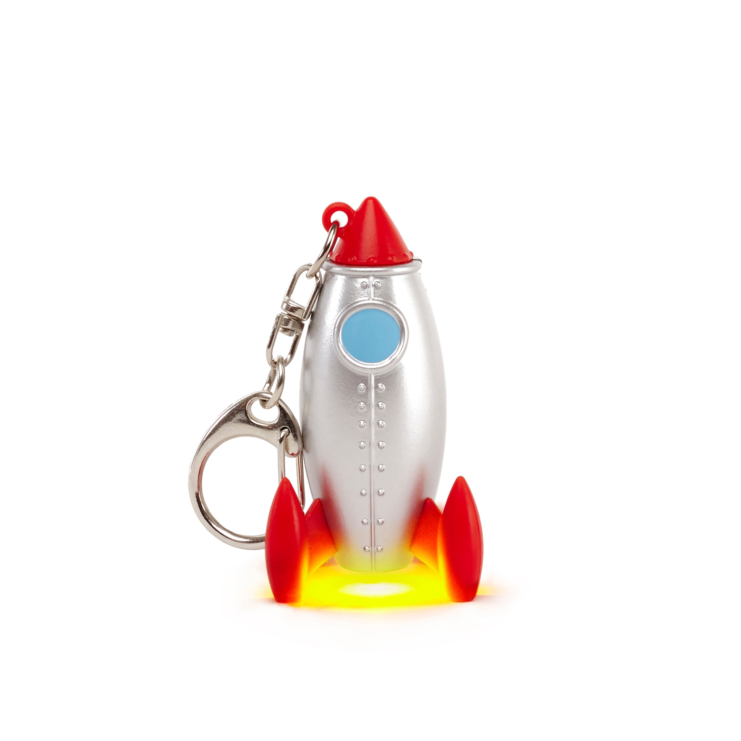 Rocket-shaped LED keychain with silver body, red nose, blue window, and keyring