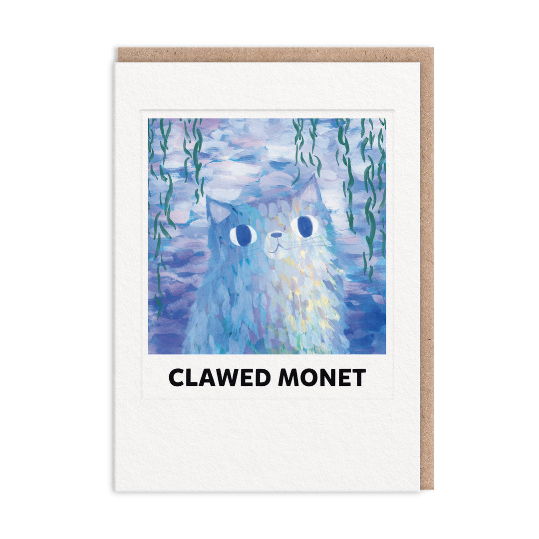 Greeting card with a cat illustration and text 'CLAWED MONET'