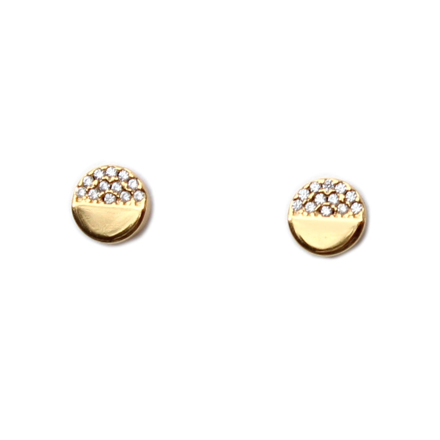 Pave circle stud earrings with gold-tone lower half and clear stones