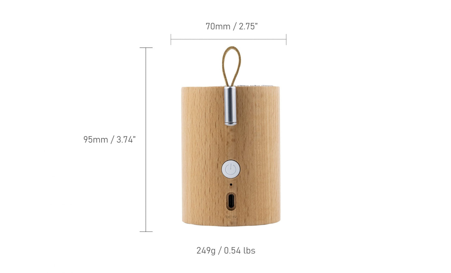 Cylindrical wood Bluetooth drum speaker with hanging loop; front button and port holes