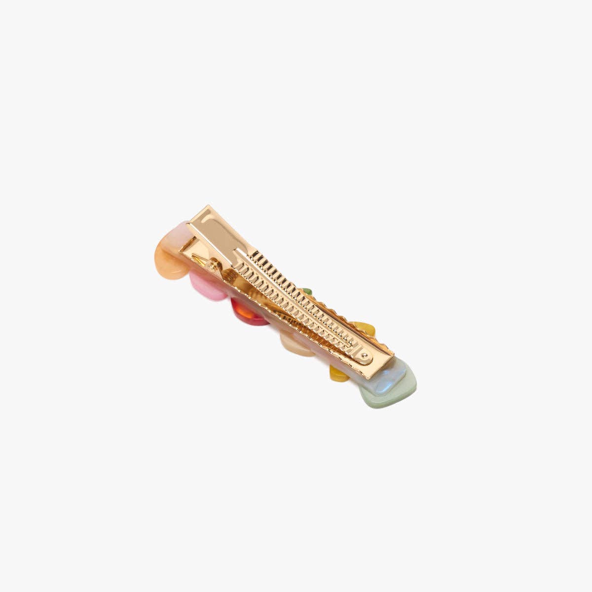 Fruit-themed alligator hair clip with gold ridged spring and pastel fruit charms