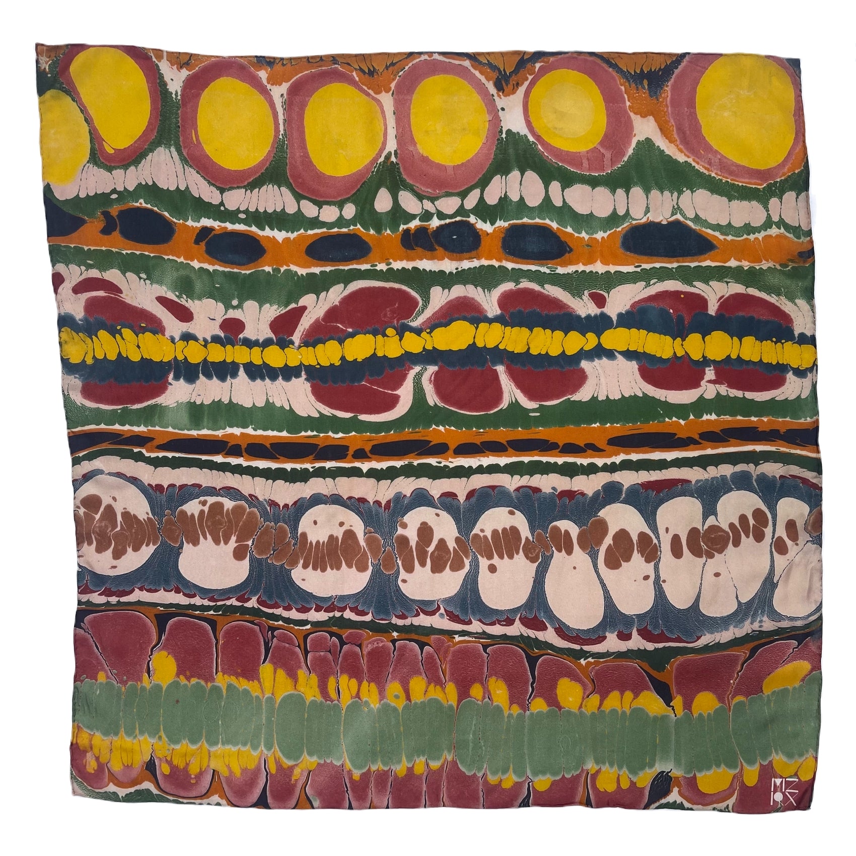 Square bandana with multicolor horizontal stripes, circles, and abstract shapes
