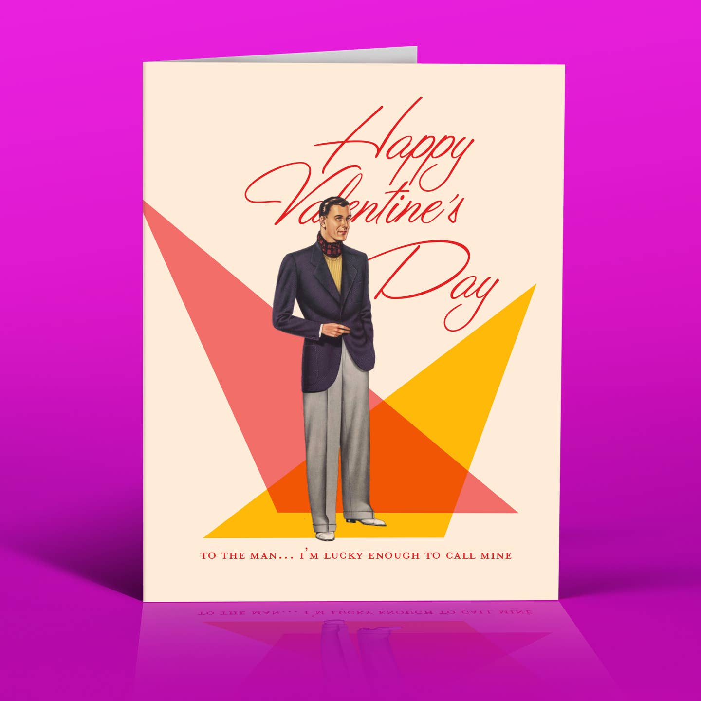Valentine’s Day greeting card with suit man, geometric triangles, and “Happy Valentine’s Day”