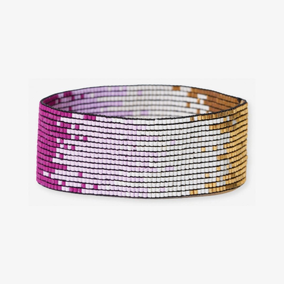 Magenta-to-gold ombre beaded stretch bracelet with wide cuff design