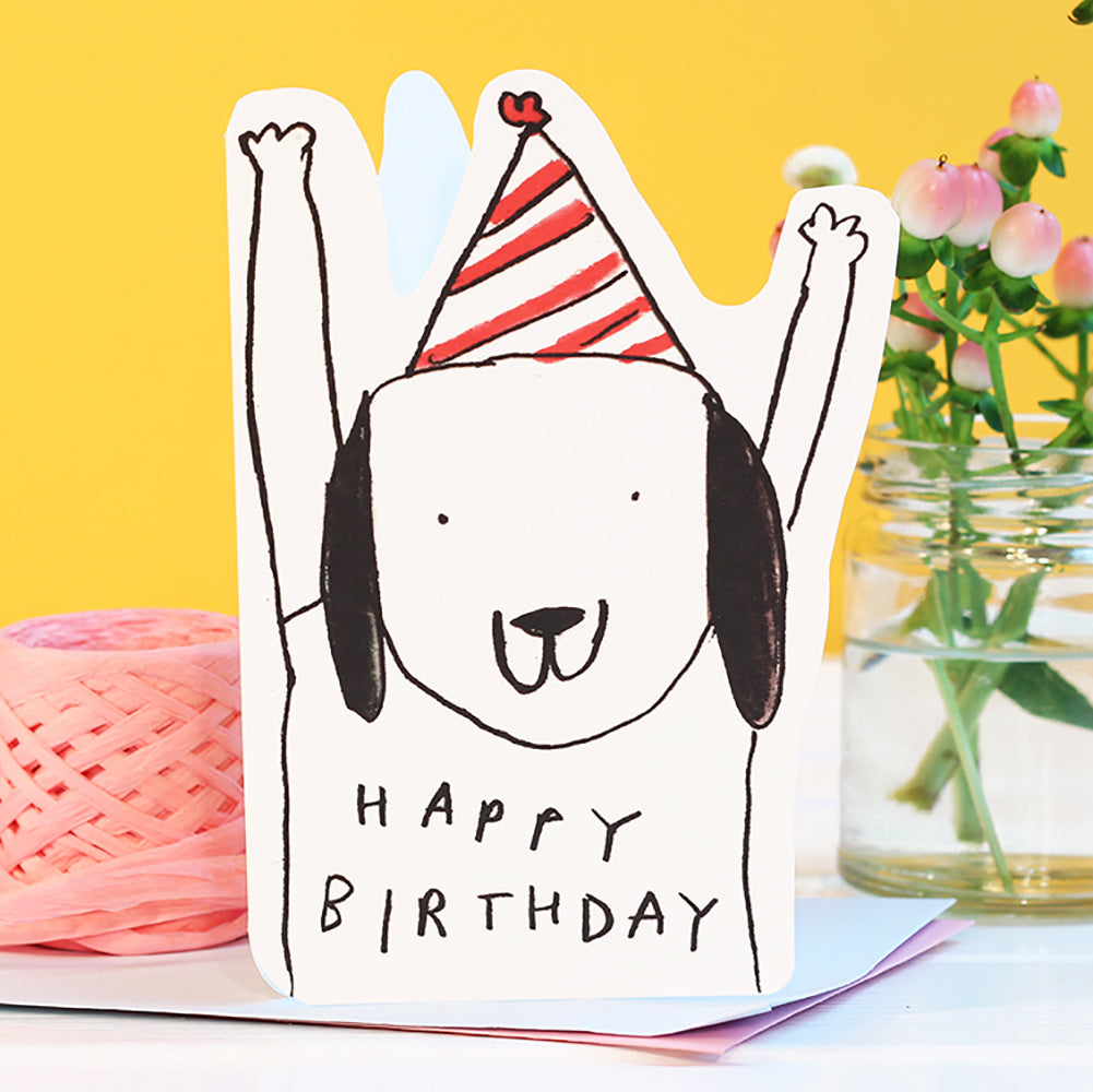 Dog cut-out birthday card with party hat and Happy Birthday lettering
