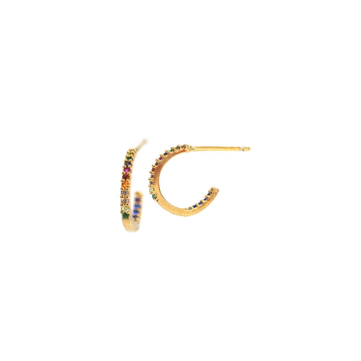 Small rainbow huggie earring, gold-tone hoop with multicolor gemstone pave band.