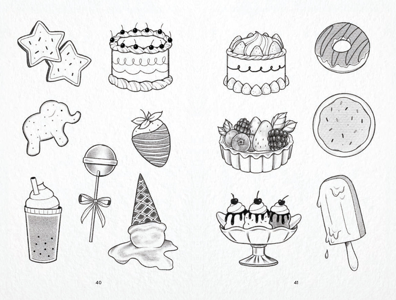 Black-and-white tattoo flash page with cake, fruit, popsicle, ice cream, and star icons