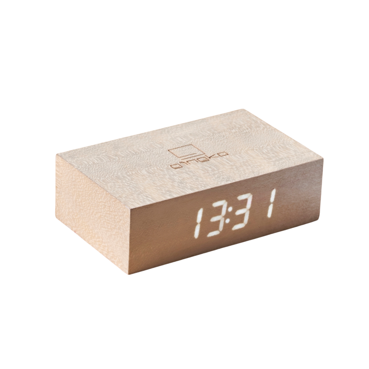 Cream wood Flip Click Clock block with white LED digits on the front display