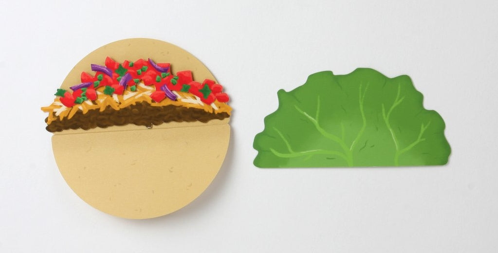 Pop-up taco greeting card showing taco shell and lettuce pieces