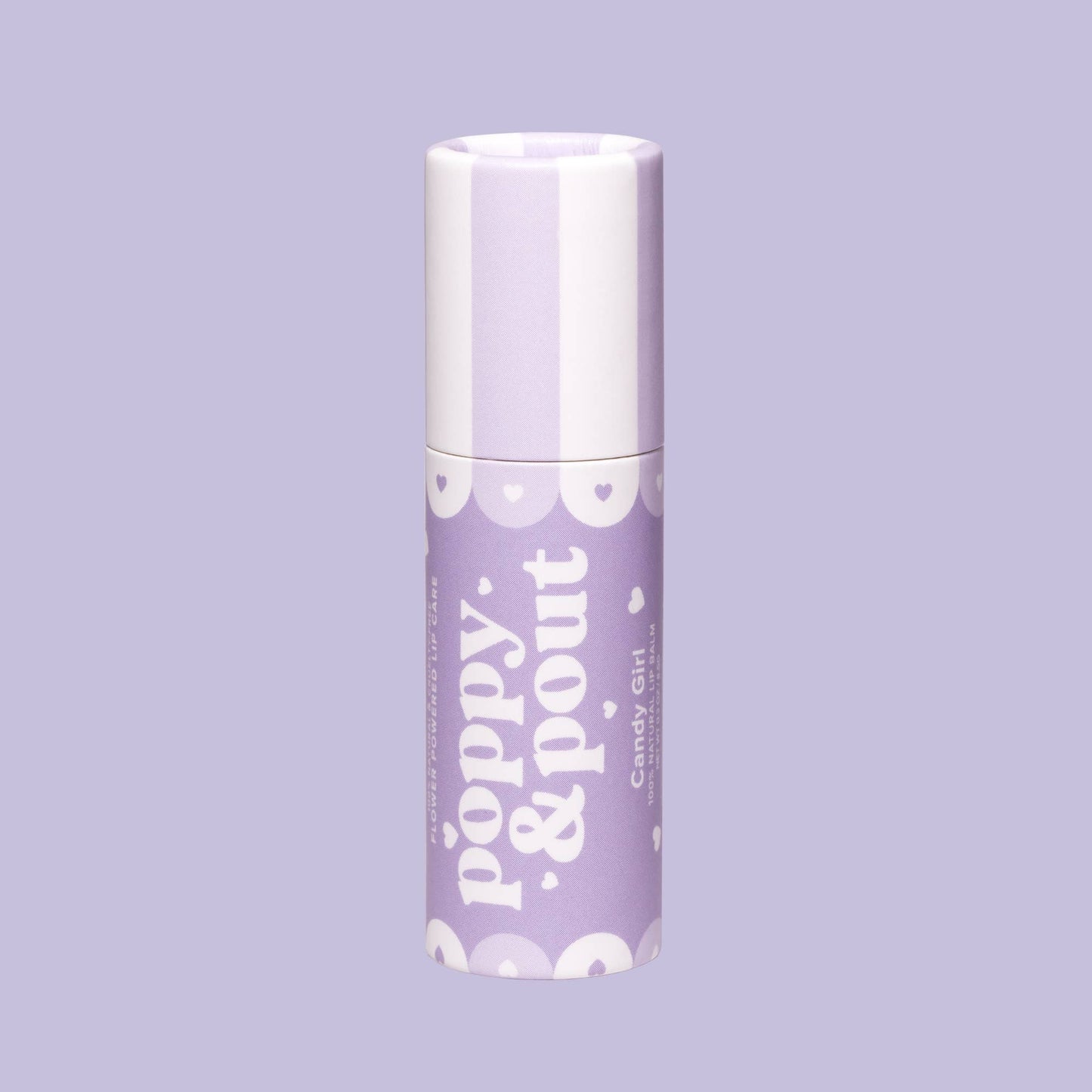 Candy Girl lip balm in purple tube with white cap, heart print