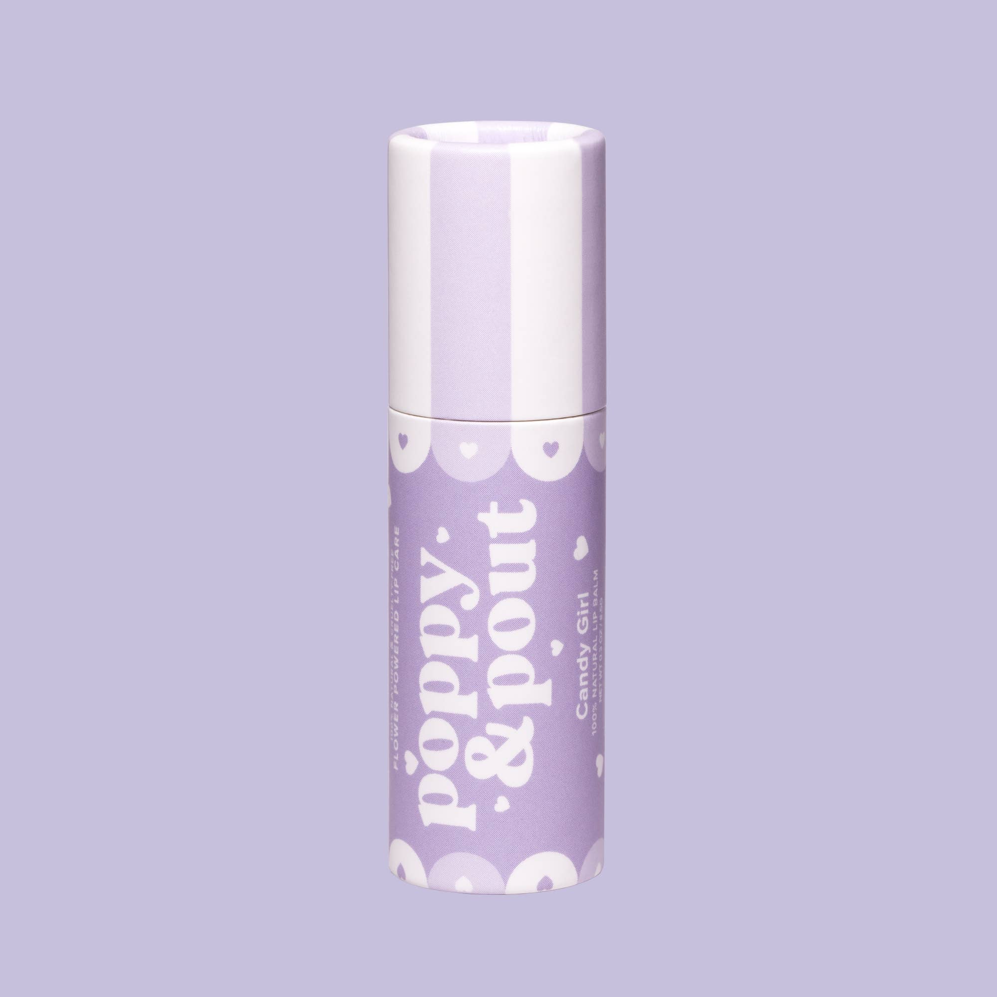 Candy Girl lip balm in purple tube with white cap, heart print
