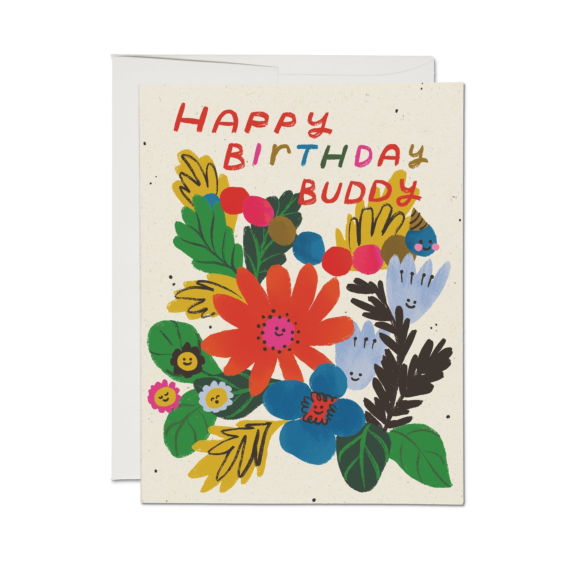 Birthday buddies greeting card: “Happy Birthday Buddy” with colorful floral illustration