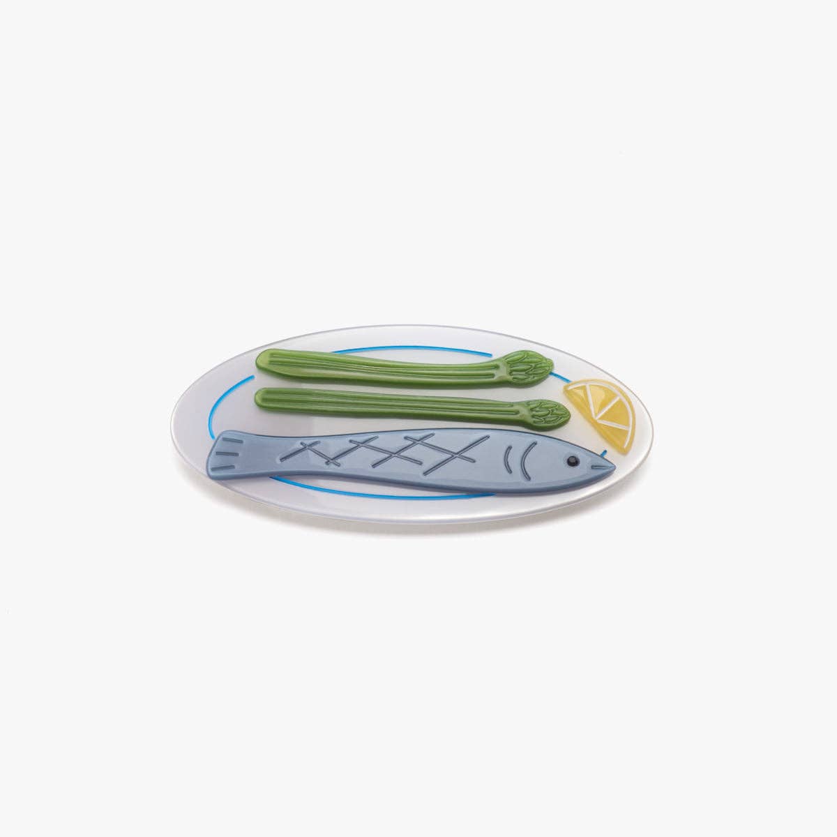 Sardine fish plate acetate French barrette hair clip with green top and blue fish detail