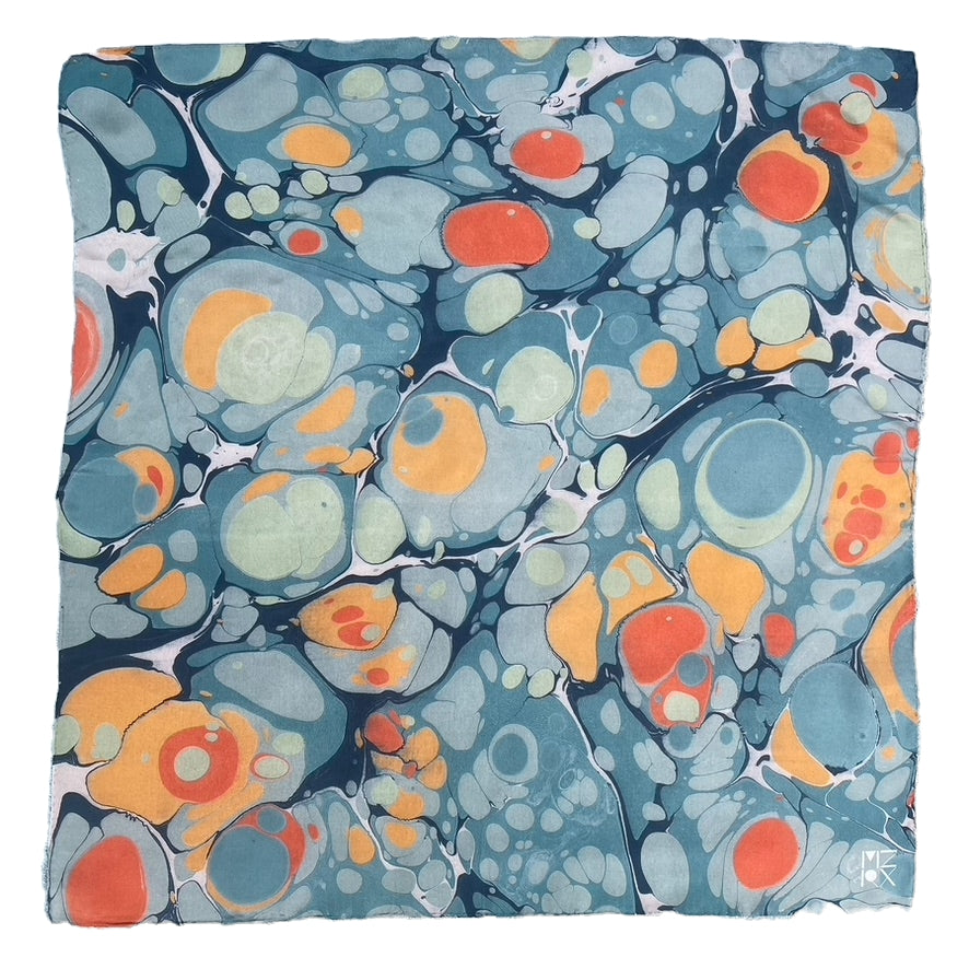 Cherry On Top silk bandana, blue with orange abstract shapes, square folded