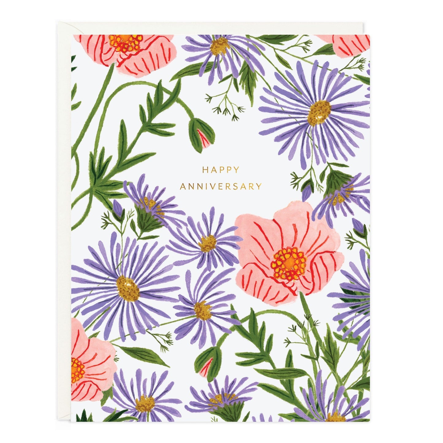 Anniversary card with purple and orange floral poppy-style pattern and “Happy Anniversary” text