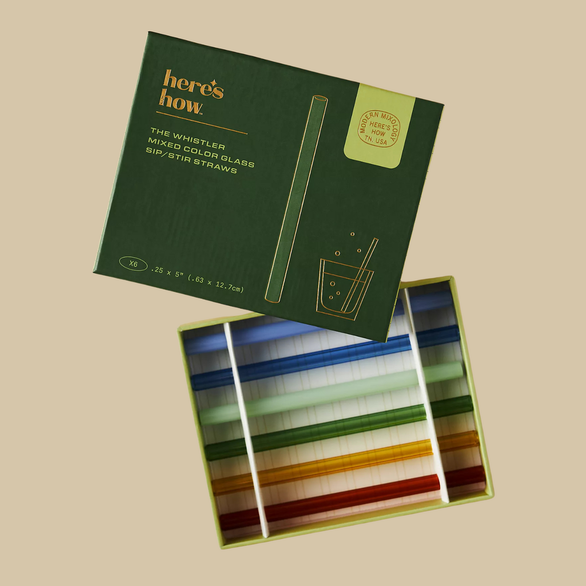 Set of 6 colored glass drinking straws, shown in the included box