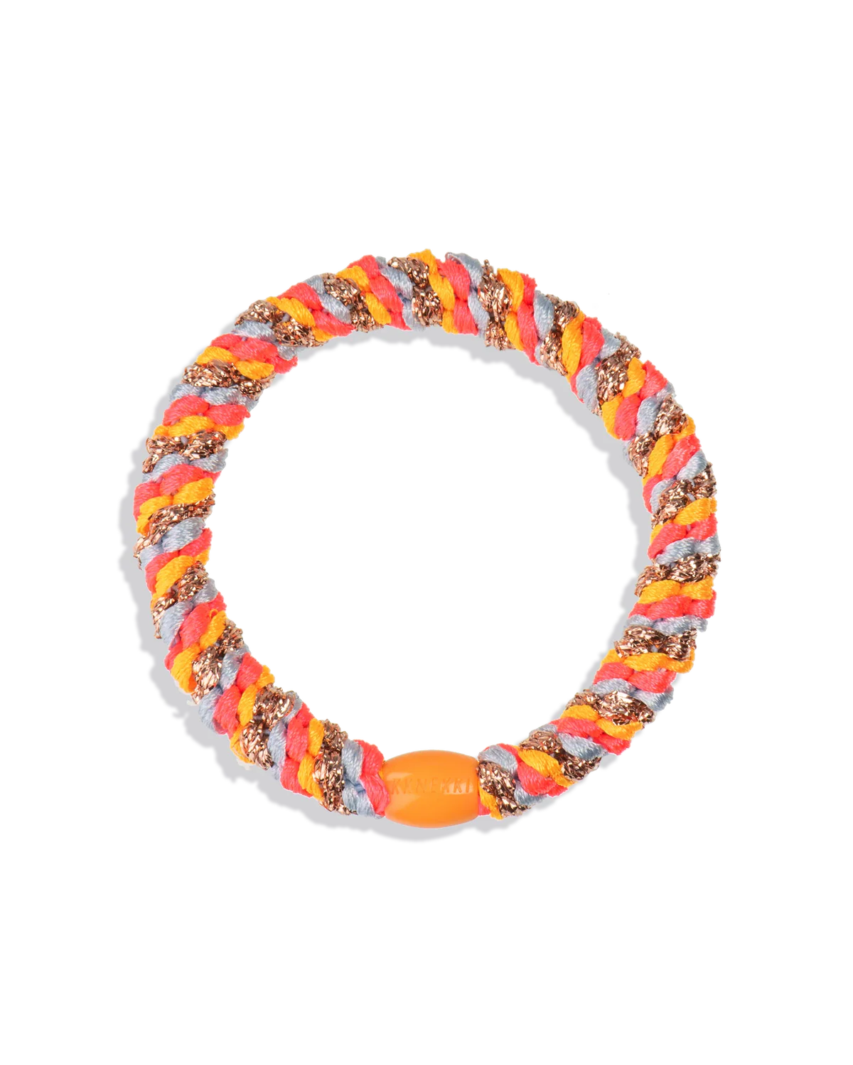 Woven glitter hair tie in orange and multicolor stripes with an orange center