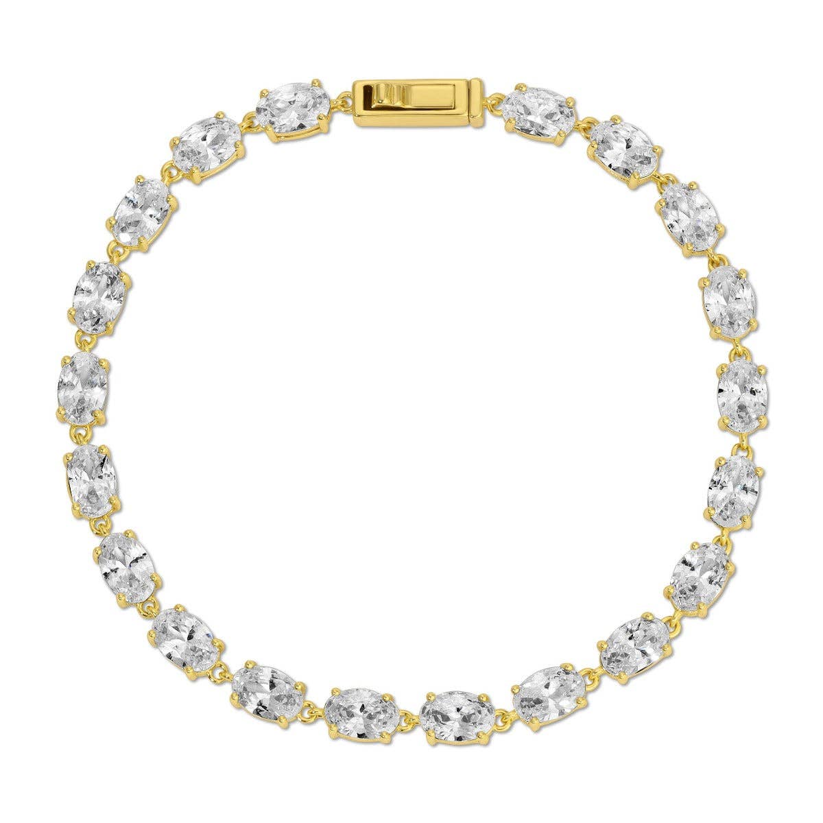 Gold oval tennis bracelet with faceted oval clear stones and rectangular clasp, 7 in