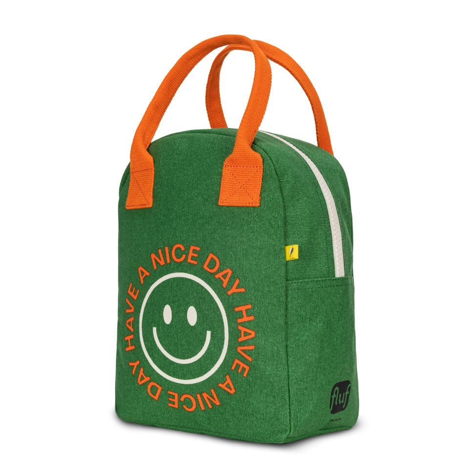 Green zipper lunch bag with orange handles and “Have A Nice Day” smiley text graphic
