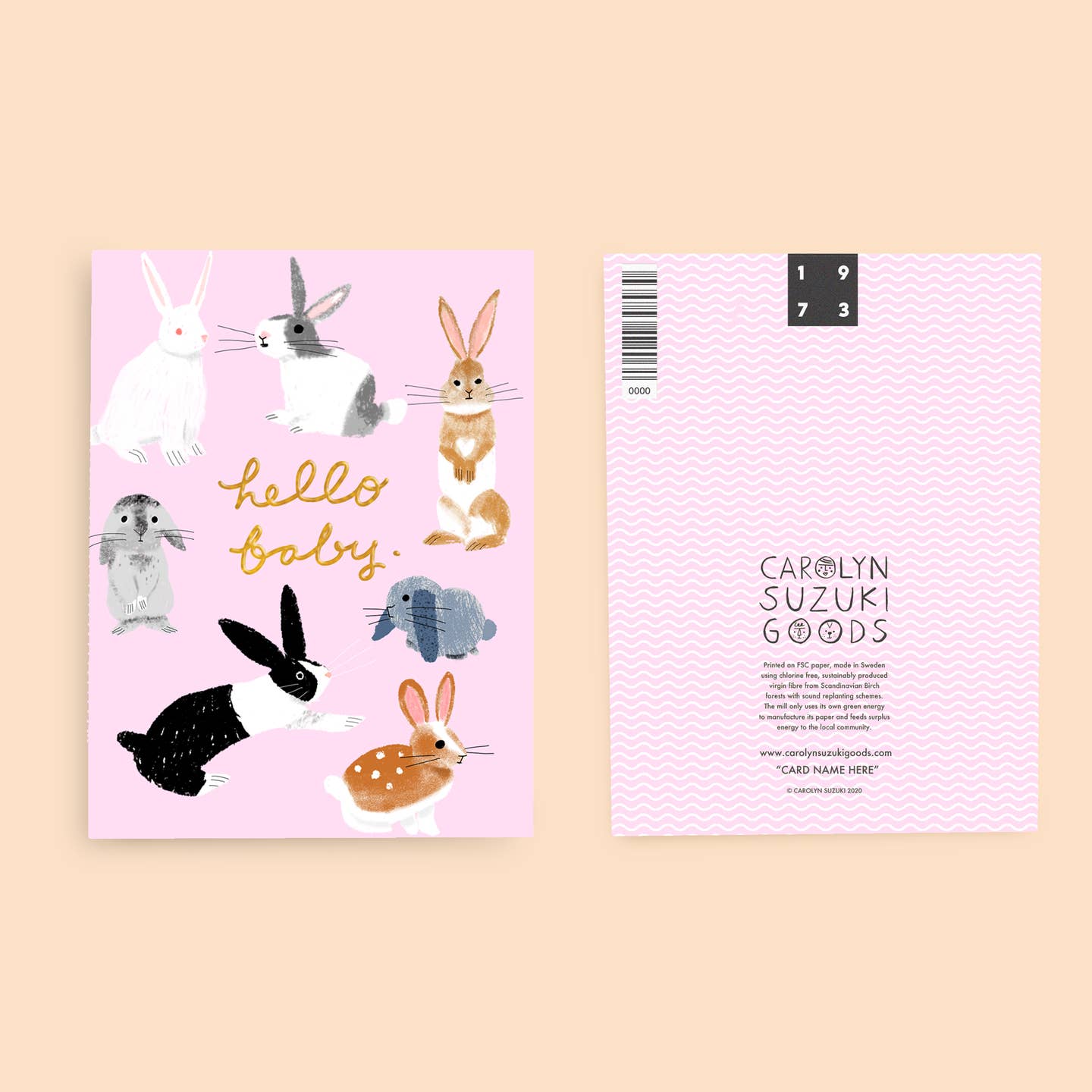 Baby card back with barcode, pink zigzag pattern, and “CAROLYN SUZUKI GOODS” text
