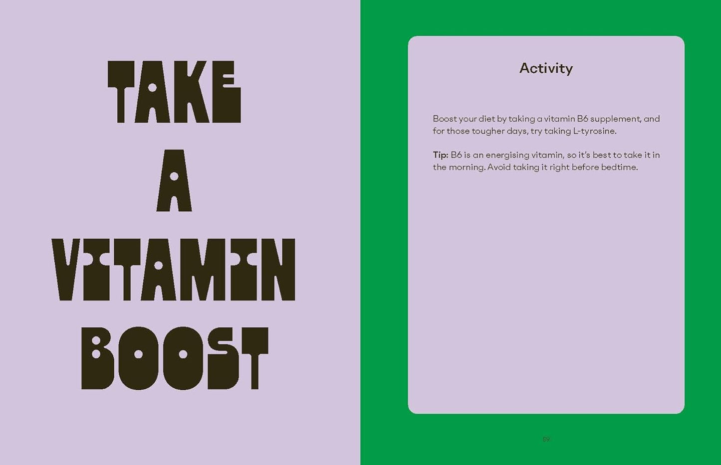Energy book spread: 'Take a Vitamin Boost' typography and green 'Activity' box